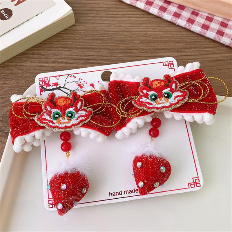 Детские новогодние заколки для волос в китайском стиле, милые плюшевые банты, кисточки, украшения, заколки, шпильки, аксессуары для волос в стиле ханьфу для девочек