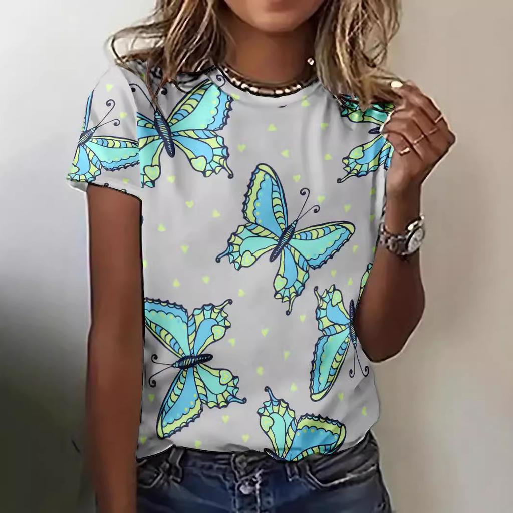Summer Butterfly 3D Printed T-Shirts Plus Size Short Sleeve Top for Women's Versatile Loose Casual T-shirt