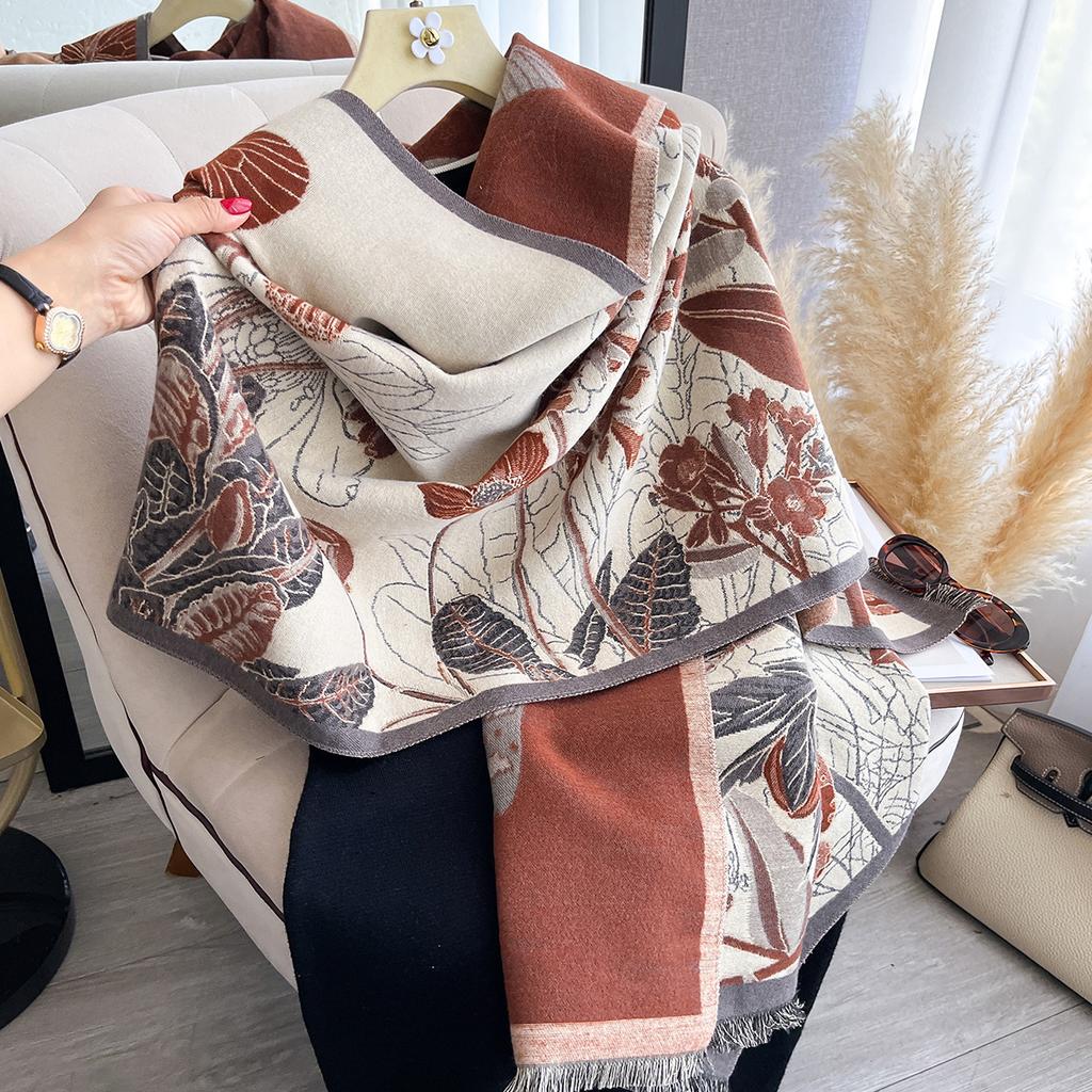 Women's Autumn & Winter Elegant Double-Sided Print Pashmina Scarf - Warm Fringed Shawl, Outdoor Cold-Resistant Windproof Blanket