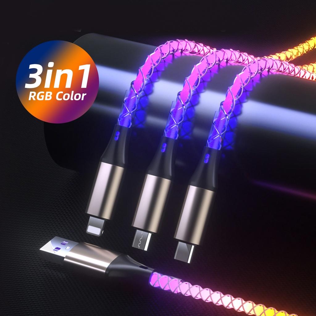 FONKEN 3 в 1, 6A, 66 Вт, кабель для быстрой зарядки USB-Type-C, Micro USB, зарядный кабель Lightning, RGB, цветной светящийся шнур QData