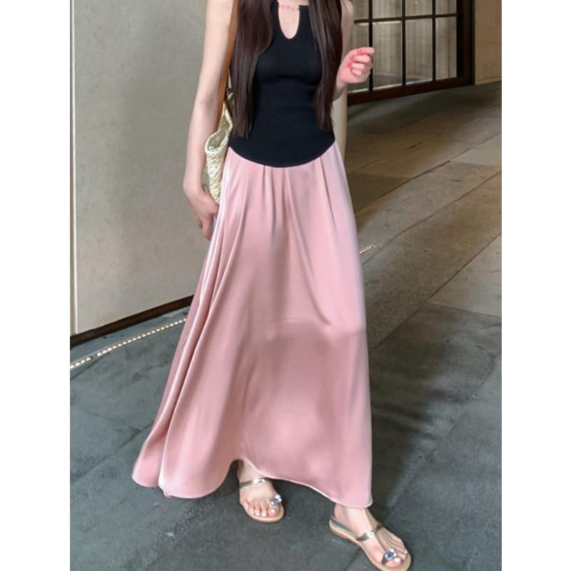 DX~~ Простой темперамент весной и летом, атласная юбка с драпировкой, высокая талия и узкая юбка.