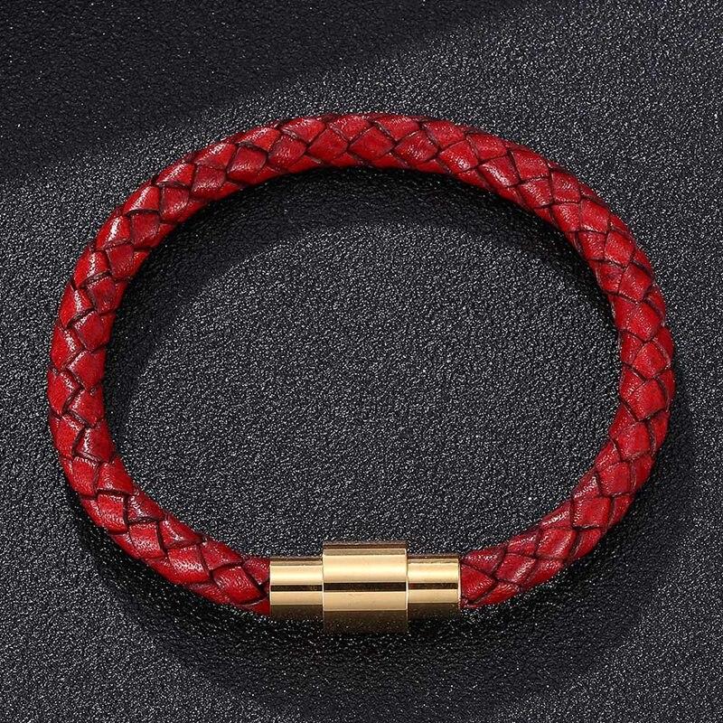 Fashion Men Women Red Leather Bracelet Charm Stainless Steel Button Neutral Accessories Female Bracelets Bangles