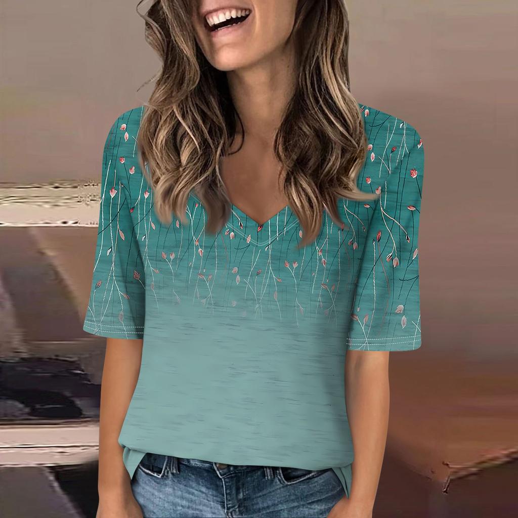 Shirts For Women Trendy V Neck T Shirts Casual Printed Summer Tees T Shirt Blouse Half Sleeve Tops For Women