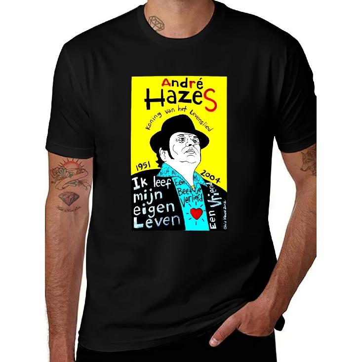 Men'S Andre Hazes Dutch Pop Icon Tribute T-Shirt - Black With Yellow & Red Dutch Text (Song Lyrics) - Casual Short Sleeve Round Neck Tee For Fans,