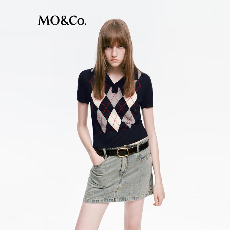 MO&Co. Women's Argyle Collar Knit Short-Sleeve Top