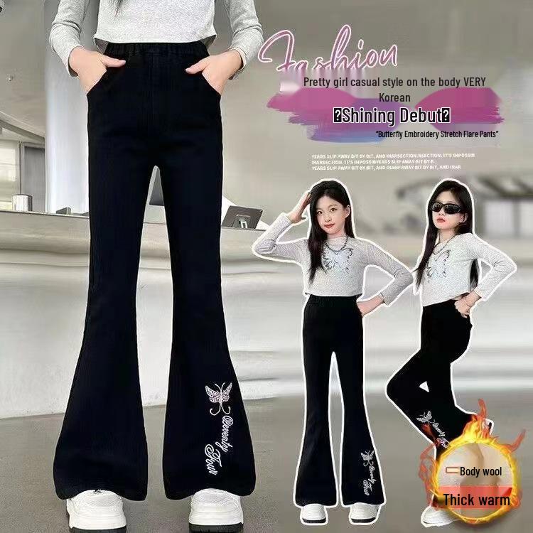Девичьи расклешенные брюки на флисовой подкладке: Модная осенне-зимняя повседневная одежда для подростков