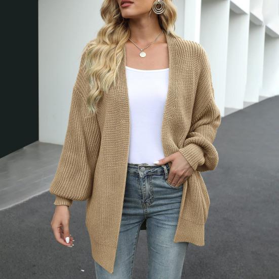 Женский вязаный кардиган-фонарик с длинным рукавом и открытой передней частью, свитер средней длины, пальто, однотонный свободный крой, верхняя одежда для вязания