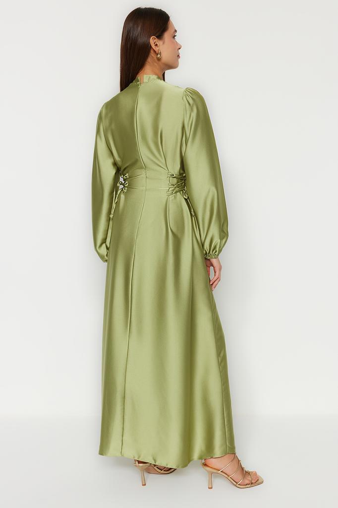 Women's Fashion New Hijab Evening Dress Green Fitted Satin Plain Weaving