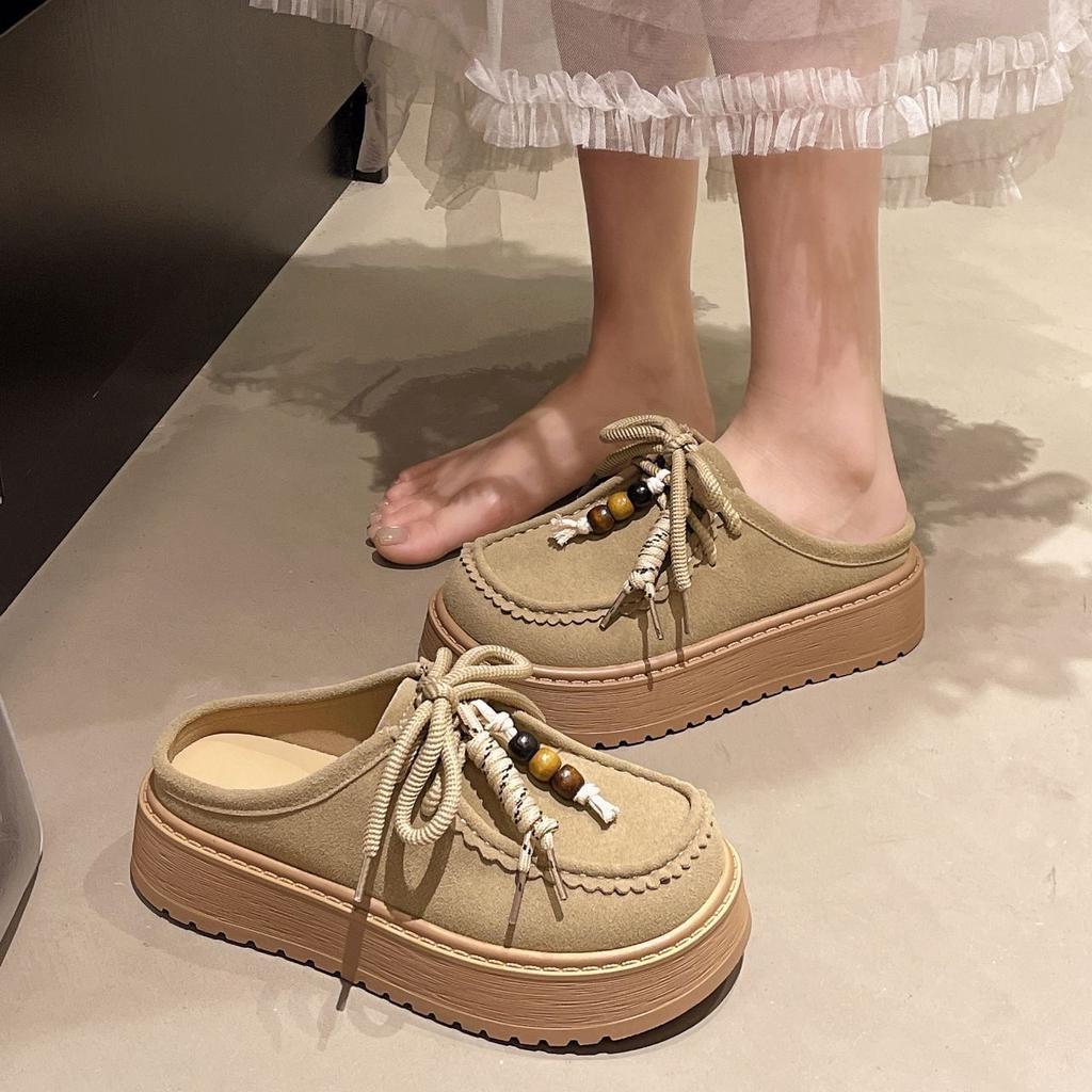Модные женские полушлепанцы на толстой подошве, увеличивающие рост, с сумкой на носке, новые на весну и лето 2025 года, в ретро-стиле, с бисером, на шнуровке