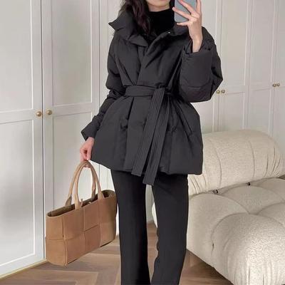 Зимние парки с воротником-стойкой, женские модные короткие пальто с завязками на талии, женские элегантные однотонные пуховики, женские