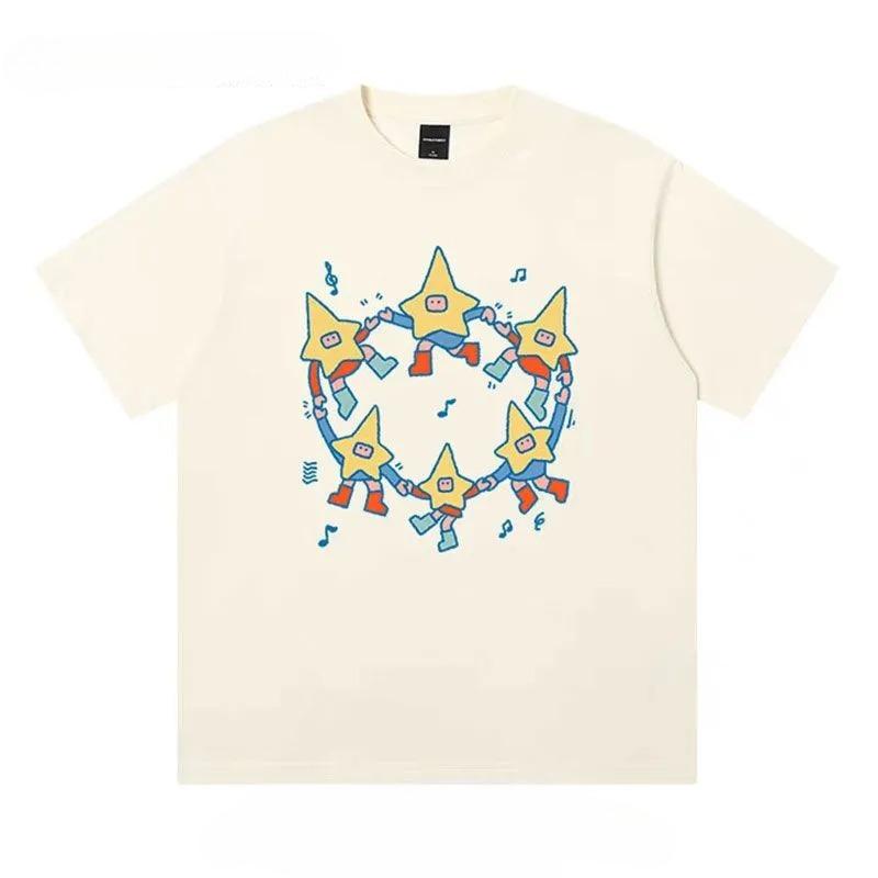 Футболка из чистого хлопка с графическим принтом звезд, осенняя, мужская и женская, с коротким рукавом, уличная мода, трендовая одежда, винтажная одежда