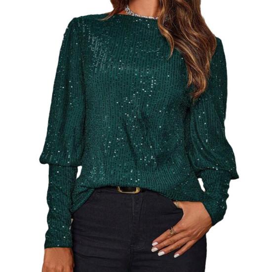 Women Tops Round Neck Lantern Long Sleeve Jumper Tops Loose Fit Glitter
