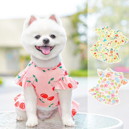 Cherry/Flower Printed Dog Dress Summer Pet Princess Skirt for Small Medium Girl Dogs Cats Cute Pet Apparel for Birthday Party
