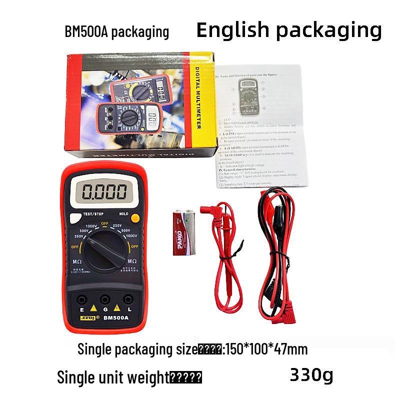 BM500A Digital Insulation Resistance Tester, 500V/1000V Portable Electronic Megohmmeter, English Version