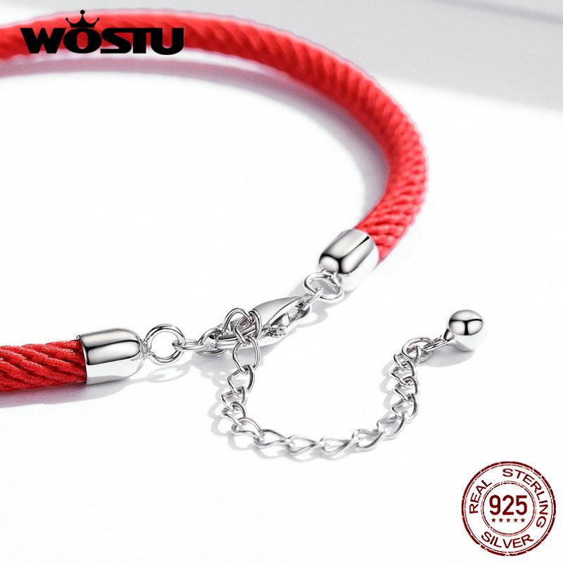 WOSTU 100% Настоящее Серебро 925 Пробы Красный Черный Серый Белый Шнурок Браслет Классический Счастливый Браслет Подходит для Бусин Шармов DIY Изготовление Украшений