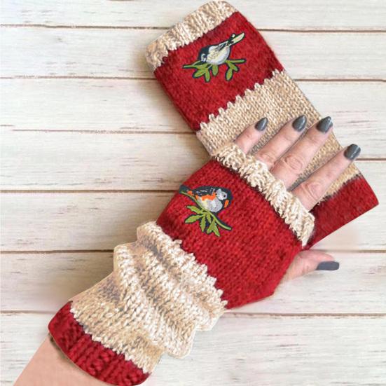 1 Pair Extended Wrist Stretchy Women Gloves Comfy Embroidery Bird Crochet Fingerless Gloves Wrist Warmers Gloves KTB