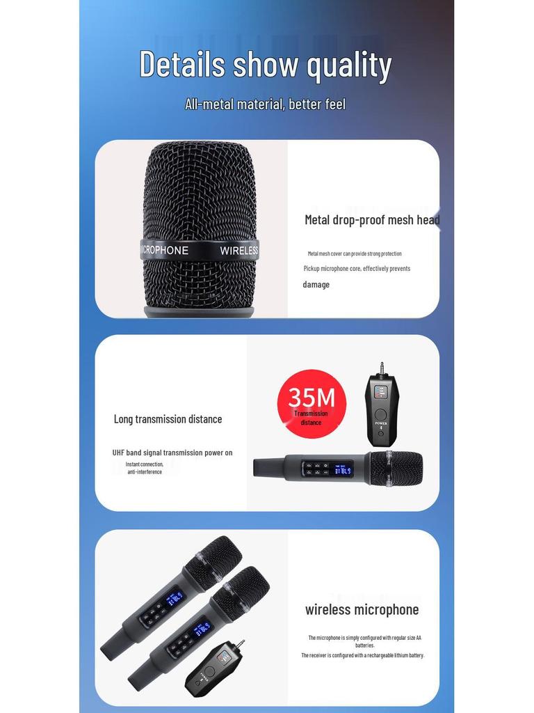 Универсальный беспроводной Bluetooth-микрофон с перезаряжаемым аккумулятором и профессиональной реверберацией для пения и живых сценических выступлений