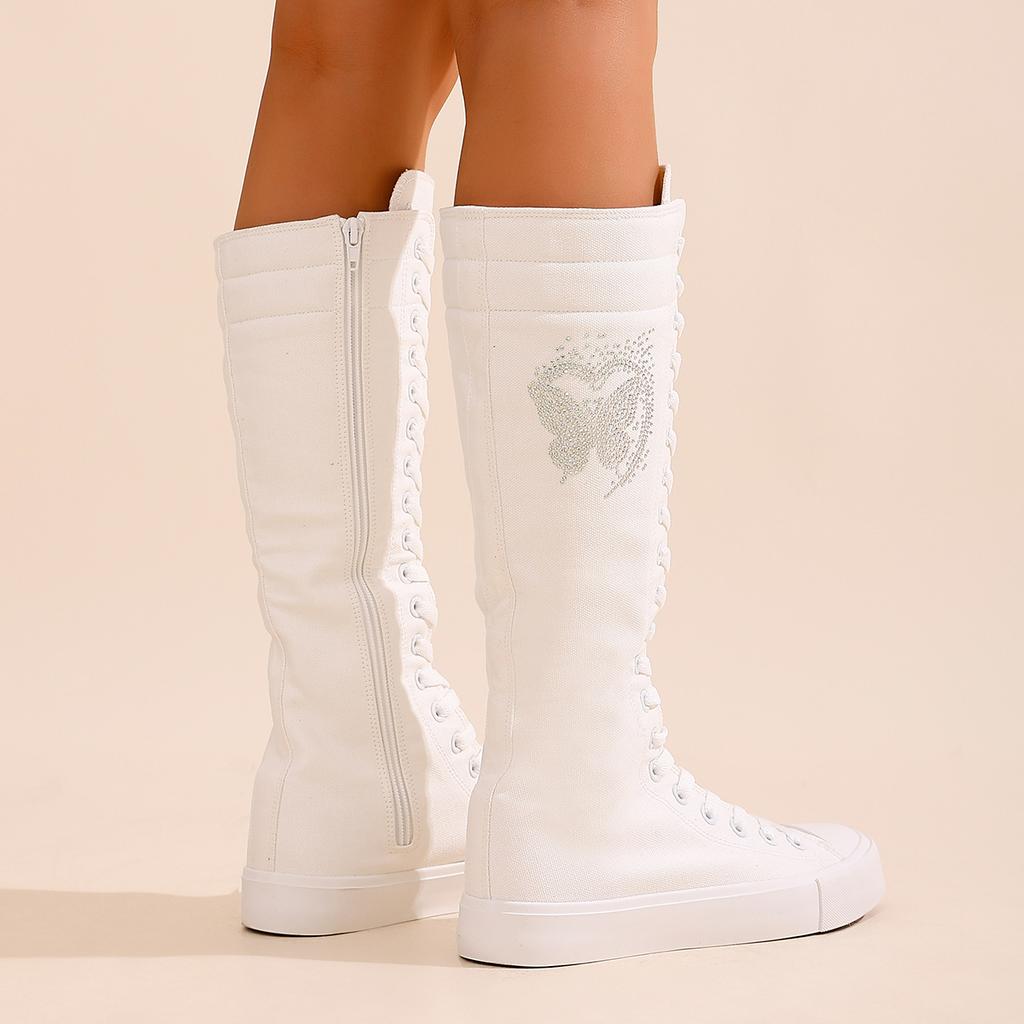 Женские длинные ботильоны до щиколотки, модные и удобные парусиновые сапоги до середины икры для девочек, подходящие для посещения вечеринок и повседневных прогулок