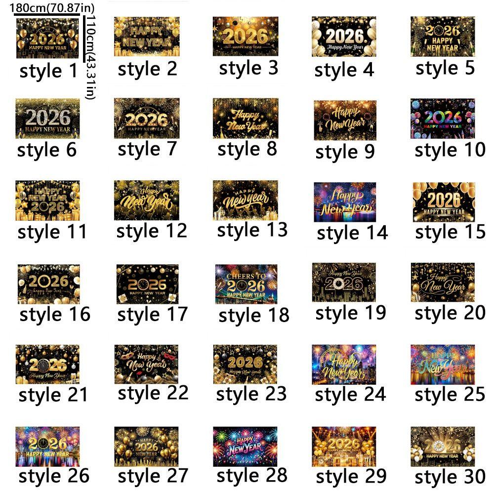 Black Gold 2026 New Year Backdrops Polyester Night Glittering Party Background Colorful Balloon Champagne Photo Background