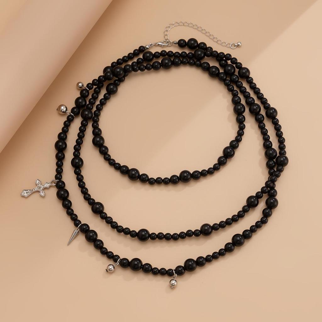 Dark Style Acrylic Beaded Necklace with Cross Pendant - All-Match European and American Fashion for Women
