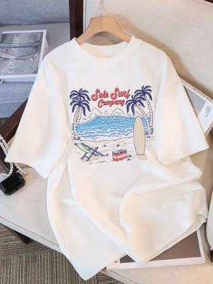 Распродажа Футболка женская с принтами волн и кокосовых пальм от компании Surf Летняя футболка с круглым вырезом Футболка с О-образным вырезом Удобные топы Базовая женская одежда
