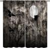 Gothic Forest Curtains, Foggy Mysterious Ghost Forest Blackout Window Drapes, Halloween Party Dead Trees Spider Webs Print