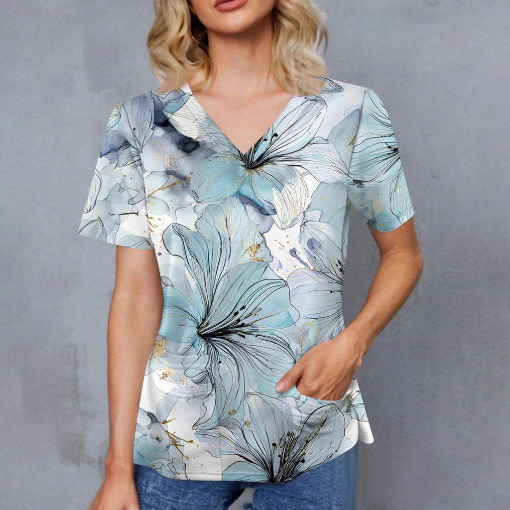 Женский ретро-топ с принтом, V-образным вырезом, двумя карманами, короткими рукавами, разрезом по подолу, униформа для сиделки