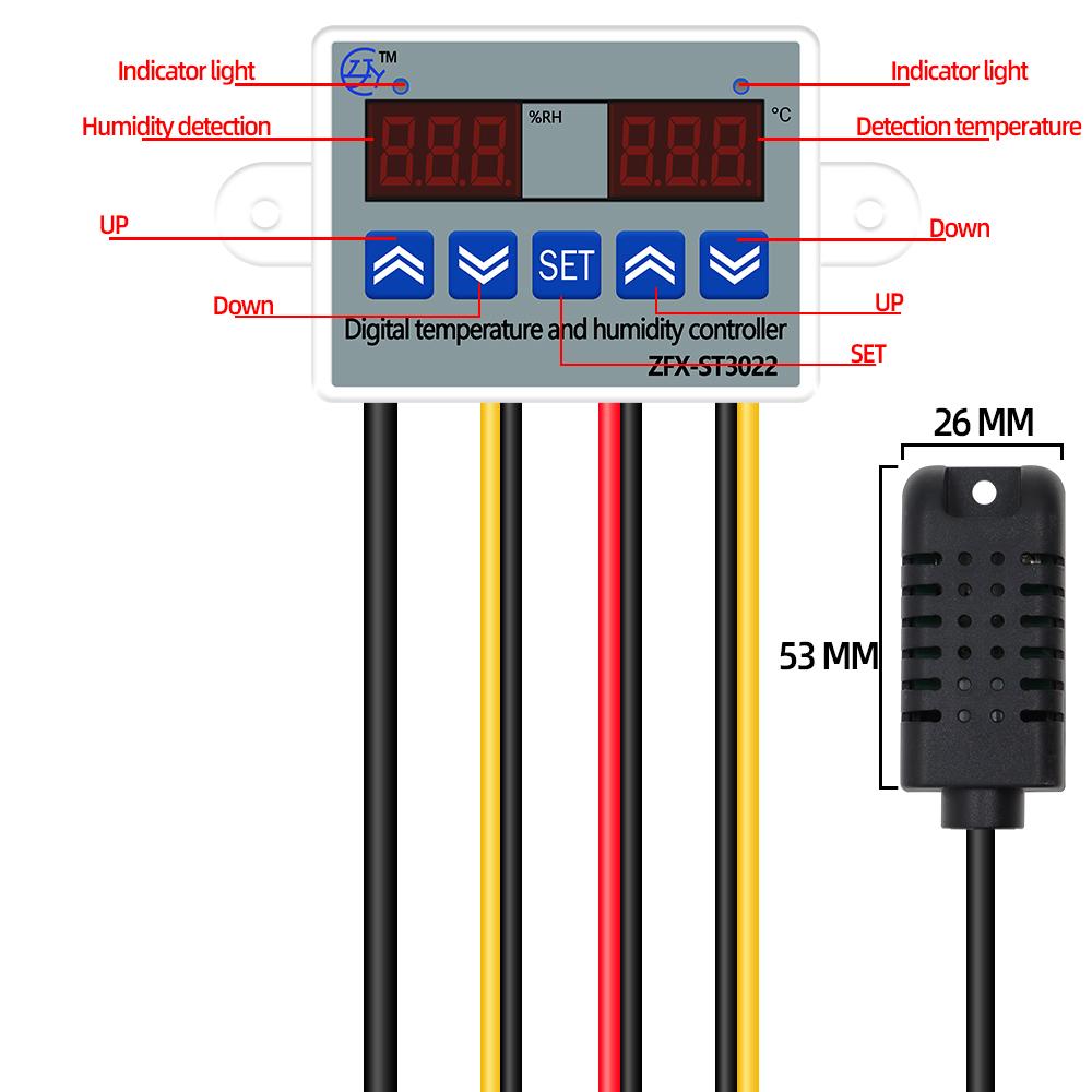 ZFX-ST3022 Temperature Controller Dual Thermometer Digital Temperature and Humidity Controller Thermostat Incubator