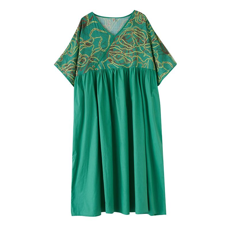 DIMANAF 2025 Лето Новое Платье Большого Размера Базовое Женское Повседневное Свободное Длинное Винтажное Платье Макси с V-образным Вырезом и Плиссировкой