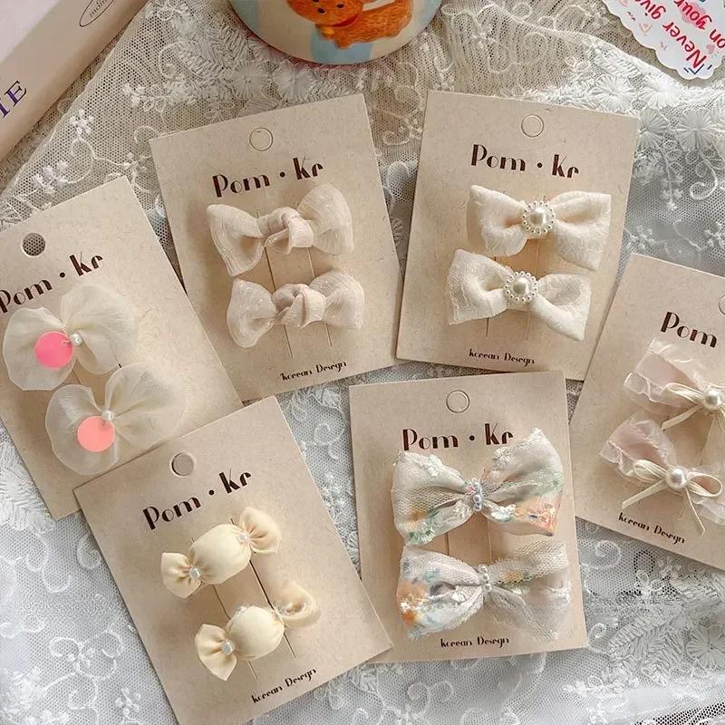 2 шт./комплект, милая заколка для волос принцессы для девочки, бежевый цвет, кружевной бант, конфетная заколка для волос для малышей, полная ткань, детская челка, боковая заколка