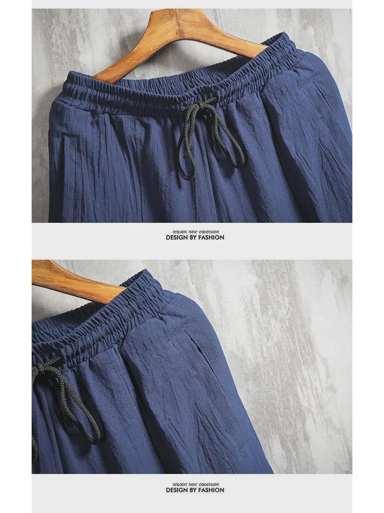 Men's Spring/Summer Cotton Linen Wide-Leg Harem Pants with Loose Cuffs and Trendy Tight-Fit Lantern Design