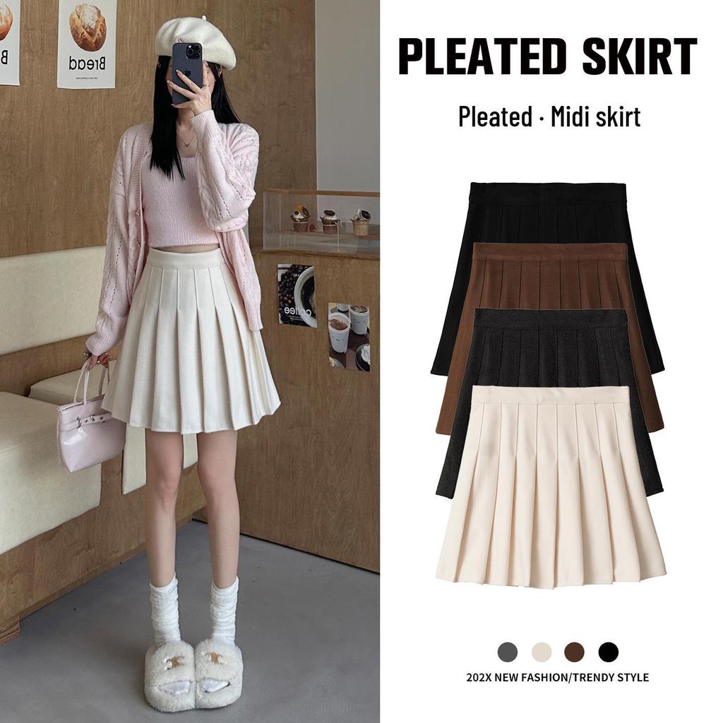 Приталенная юбка А-силуэта с высокой талией и плиссировкой из смесовой шерсти - от маленького до большого размера, осень/зима, стиль College JK, удлиненная миди-длина.