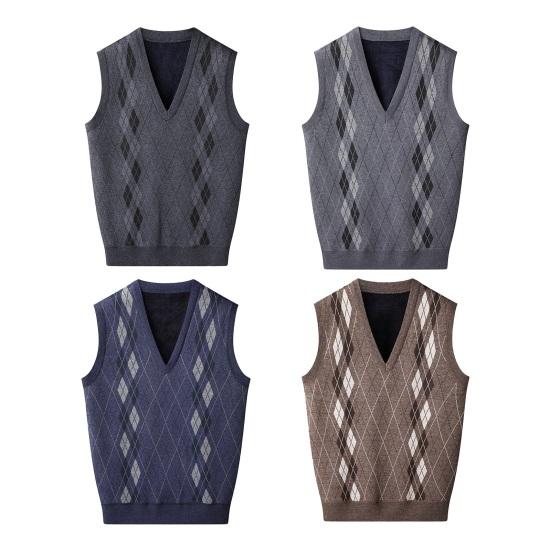 Мужской вязаный жилет с V-образным вырезом, без рукавов, утолщенная плюшевая подкладка, жилет с ромбическими узорами, зимний жилет, свитер
