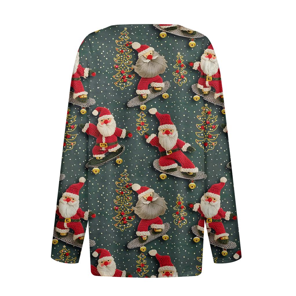 Женская модная повседневная футболка с V-образным вырезом, на пуговицах, с длинным рукавом, с рождественским принтом