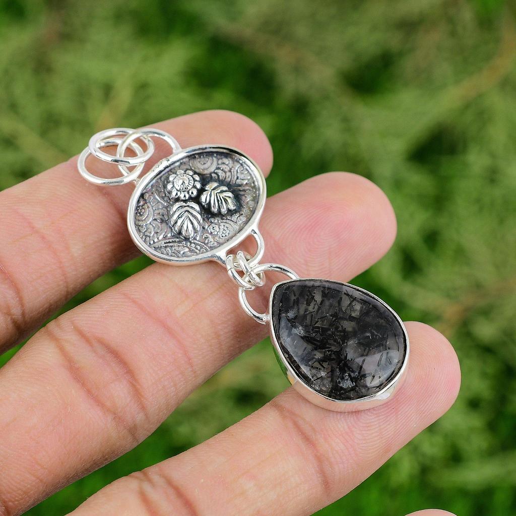 Серебро 925 пробы Груша Черный Рутилированный Кварц Драгоценный камень Жена Безель Подвеска Ювелирное изделие