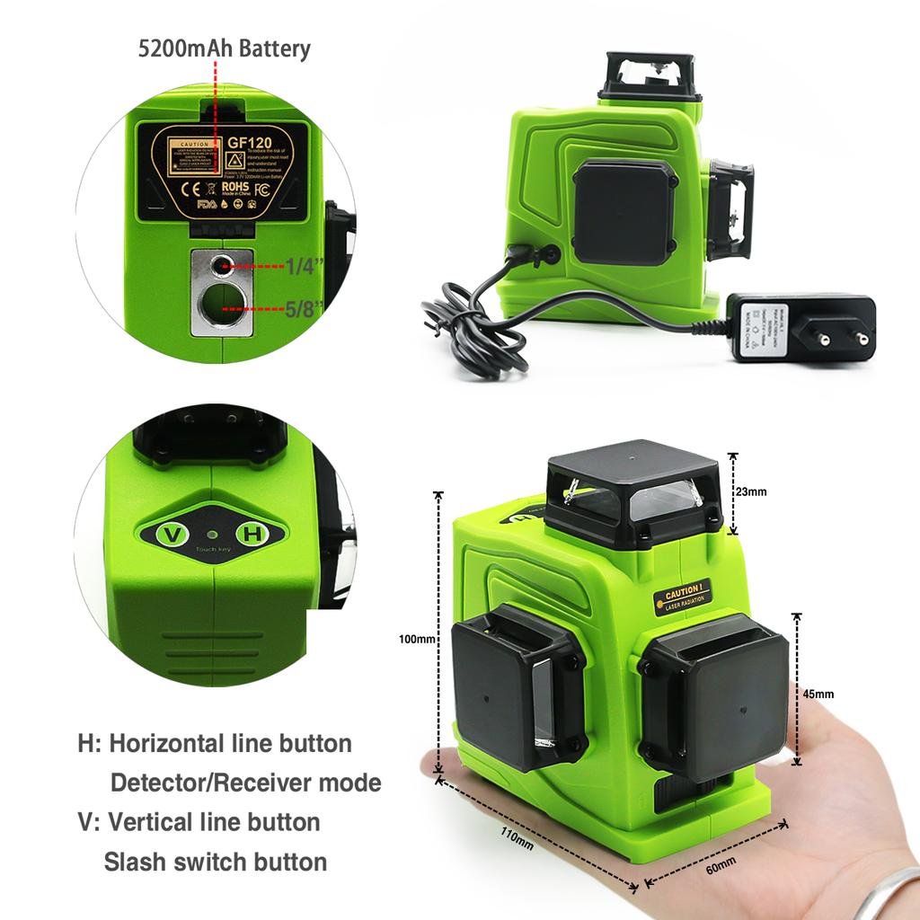 Green 12 Line Laser Level with 5200mAh Rechargeable Battery Module (GF120) - Accurate 3D Model Self-Leveling for Horizontal and Vertical Measurements