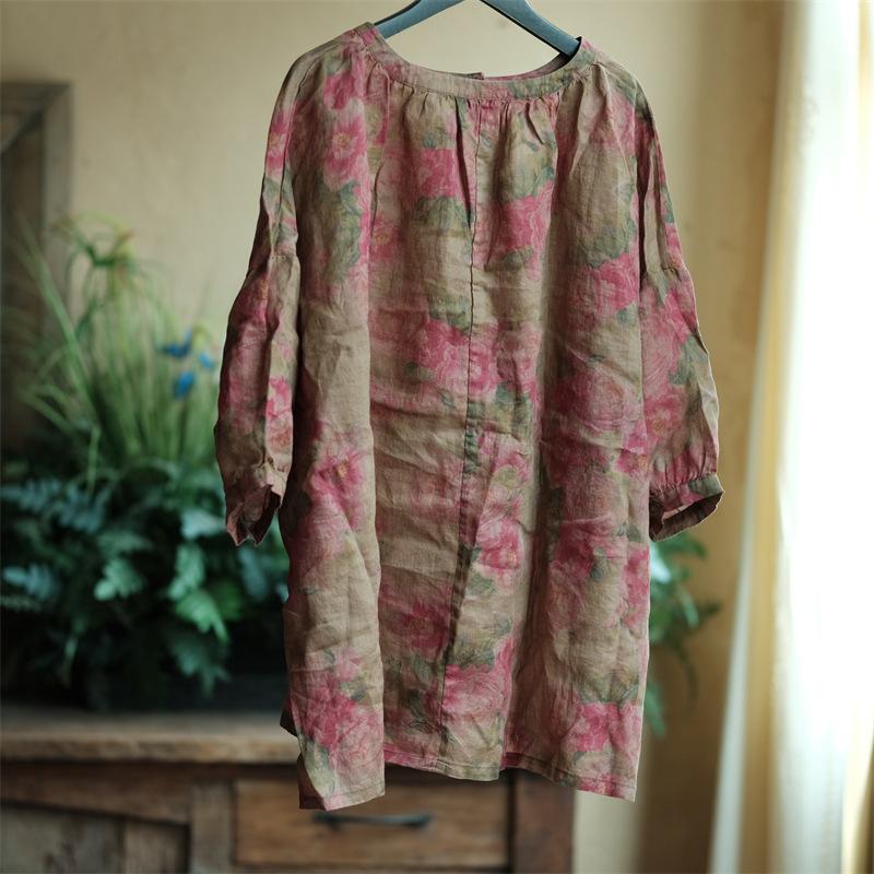 Johnature Summer Women Linen O-Neck Vintage Style Balloon Sleeves Shirt Half Sleeve Flower Print Loose Shirt