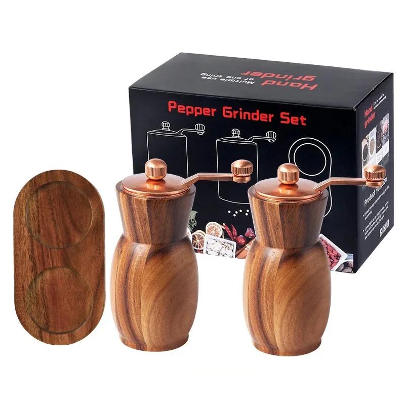 Wood Salt and Pepper Grinder Hand Cranked Set with Base Multi-purpose Pepper Mills Seasoning Organizer Box Kitchen Cooking Tools