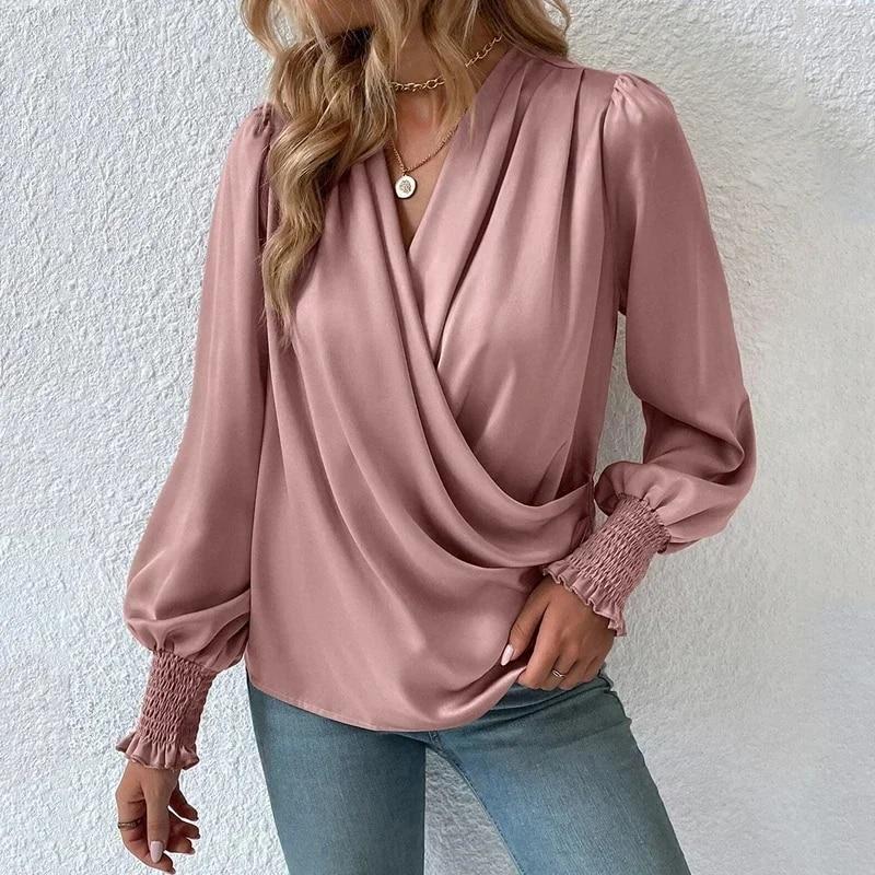 Elegant Pleated Loose Shirt Female Lantern Sleeve Women Pullover Blouse Cross V-neck Simple Solid Shirts Casual Tops Mujer 29658