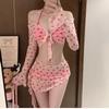 Women's Sexy Halter Ruffle Lace Up Swimsuit Sets Sweet Print Cover-Ups Bikini Skirt Outfits Vacation Beach Swimwear Bathing Suit