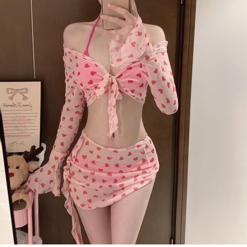 Women's Sexy Halter Ruffle Lace Up Swimsuit Sets Sweet Print Cover-Ups Bikini Skirt Outfits Vacation Beach Swimwear Bathing Suit