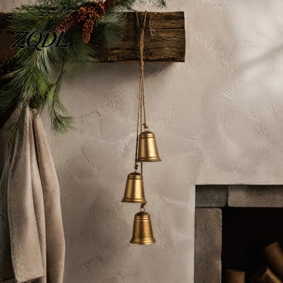 Durable Metal Hanging Bells Vintage Christmas with Jute Rope, Rustic Bell Props for Photography String Wind Chime Ornaments, Xmas Tree Window