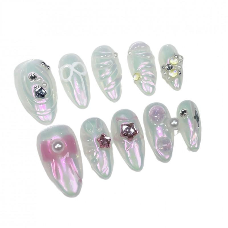 Handmade Press-On Nails With Hand-Painted Bow Design Irregular Almond Shape Thin Invisible Edge Sweet Cute Style