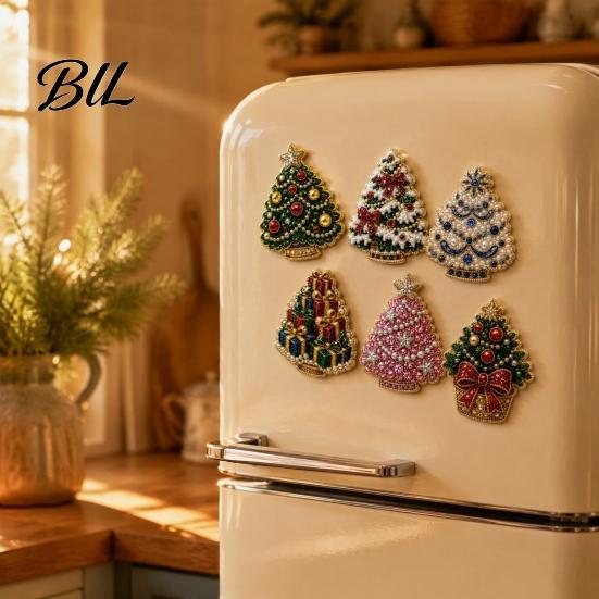 Праздничные Магниты на Холодильник 6 шт. DIY Магнит на Холодильник с Росписью Искусственным Жемчугом, Санта Снеговик Носок Елка Рождество Пряничный Человек Снежинка Ручной Работы
