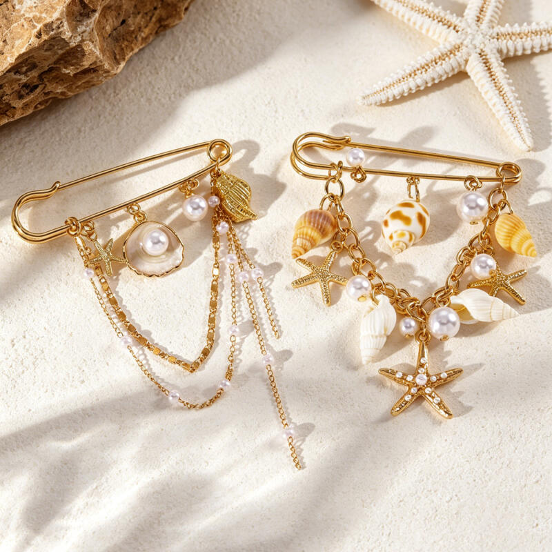Bohemian Starfish Conch Shell Imitation Pearl Pendant Brooches for Women Men Beach Vacation Style Suits' Brooches Accessories