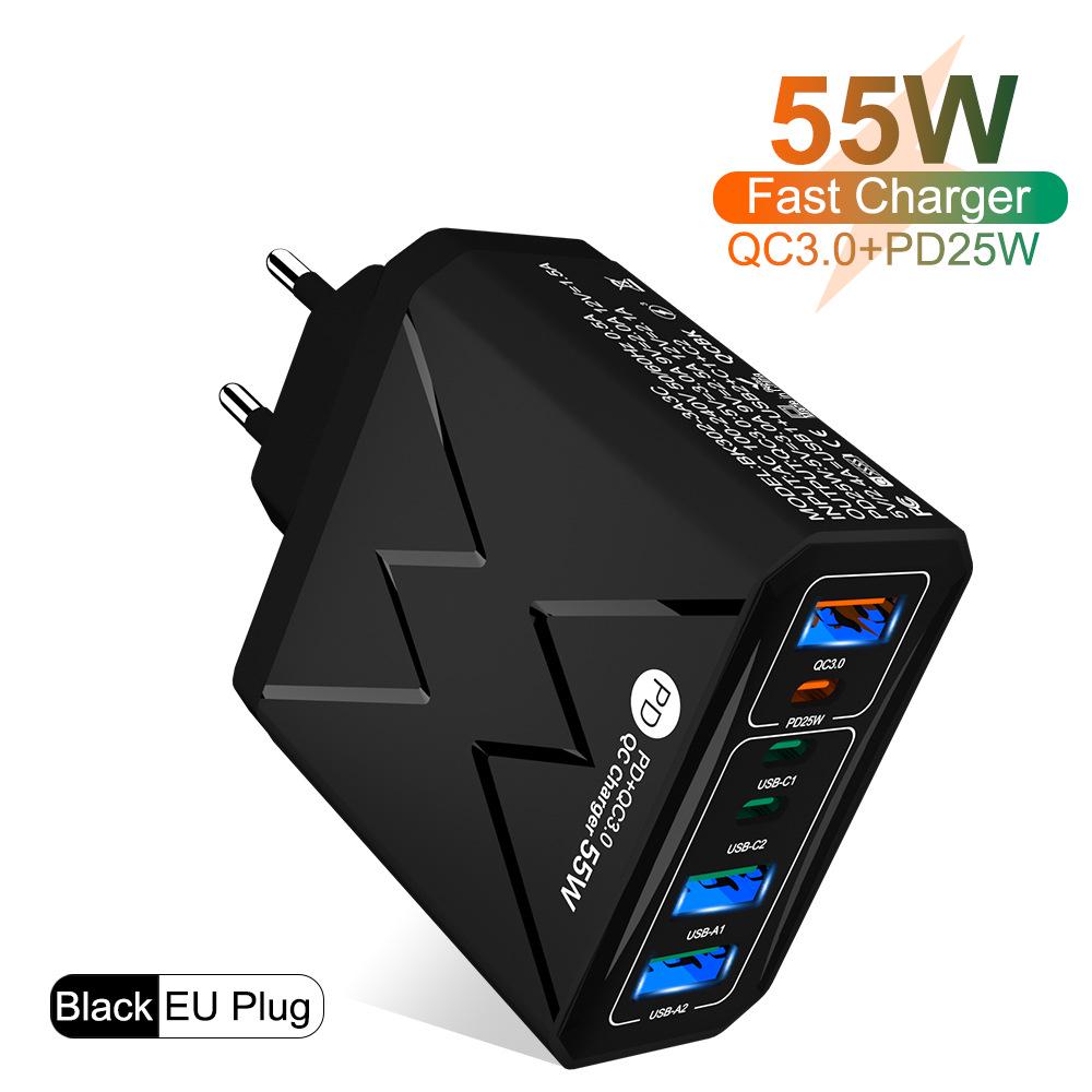 Быстрое зарядное устройство PD 25 Вт на 6 портов: 3 USB, 3 PD 55 Вт с QC3.0 – Штекеры EU, UK, AU