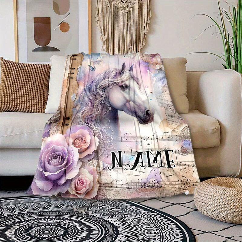 Flowers And Beautiful Horse Customize Your Name Blanket Used For Chair Office Sofa Bed Camping Soft And Warm Giving Friends And Relatives Birthday