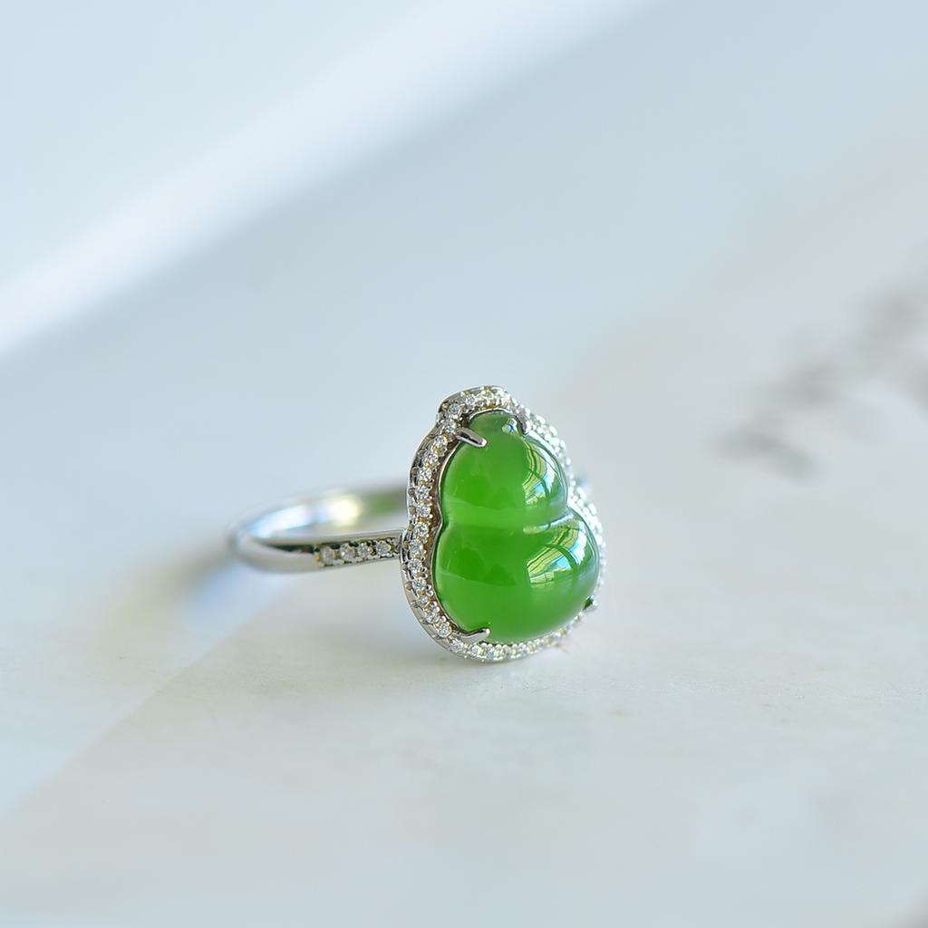 Xinjiang Hotan Jade S925 Silver Spinach Green Jasper Open Mouth Gourd Fulu Ring