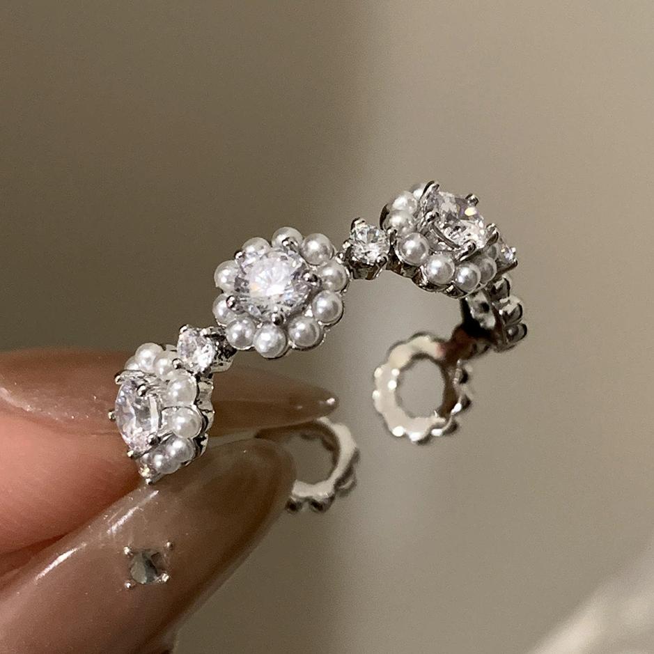 925 Silver Flower Lace Ring Korean Fashion Opening Inlaid CZ Adjustable Rings Valentine's Day Gift