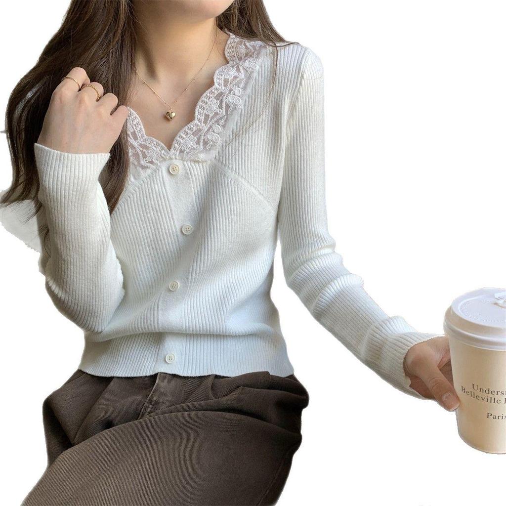 Модный кружевной трикотажный топ с длинным рукавом облегающего кроя, весна/осень 2025